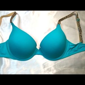 32D PINK Victoria’s Secret push-up bra teal/cheedah print straps